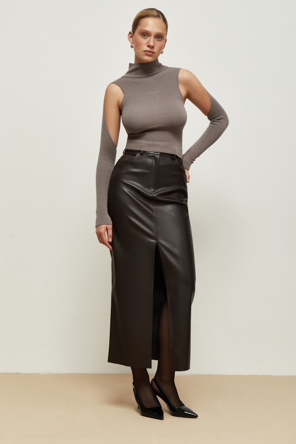 FAUX LEATHER MIDI SKIRT