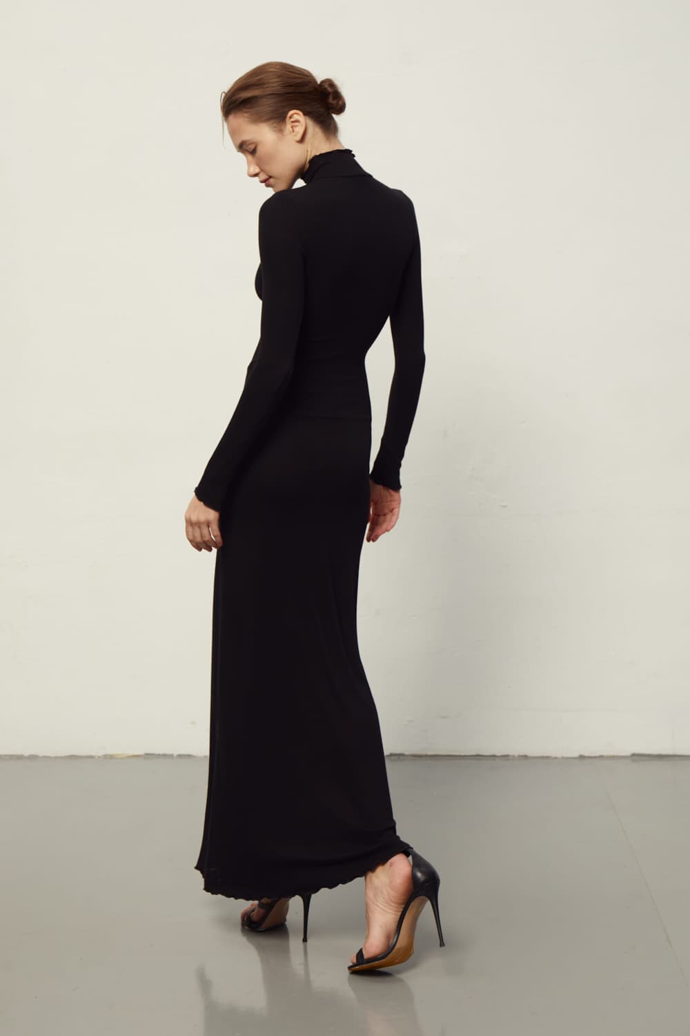 High Neck Long Sleeve Jersey Maxi Dress Black Sheer Knit High Neck
